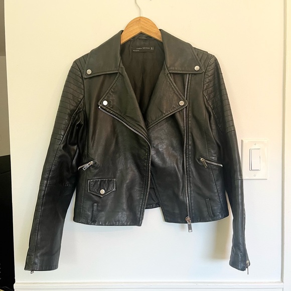 Zara black leather biker jacket - Picture 1 of 7